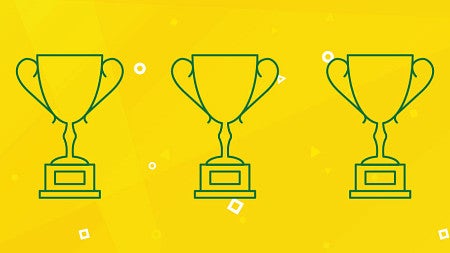Illustration with three line art trophy cups in a row in green on a yellow colored background