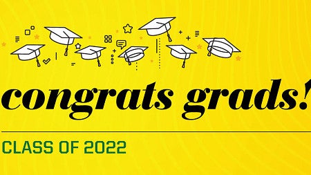 Photo of Mackie Swan wearing a cap an gown with an illustration image containing the words Congrats Grads: Class of 2022