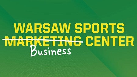 The text 'Warsaw Sports Marketing Center' with 'Marketing' crossed out and "Business" written in below