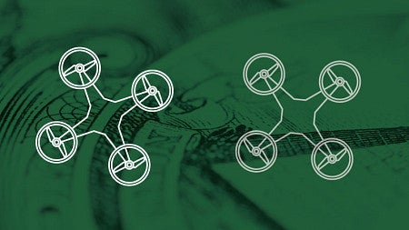 Graphic icon art of a personal drone in white against a green background