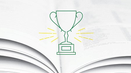 Icon lineart of a trophy in green against a background of a book